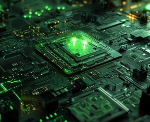 Obraz premium High-Resolution Close-up View of a Cutting-Edge, Futuristic Motherboard with a Glowing, High-Performance CPU at its Center, Illuminating the Complex Network of Circuitry and Components.