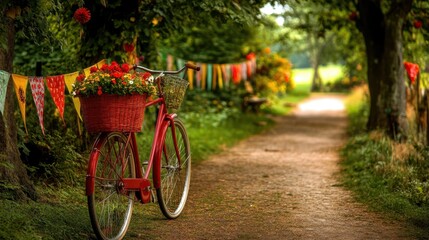 Fototapeta premium Vintage bicycle with flower basket parked next to a summer festival path lined with flags