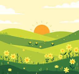 Fototapeta premium Green hills with yellow flowers and a rising sun