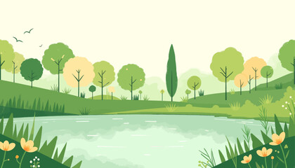 Green Landscape with Lake, Trees, and Flowers