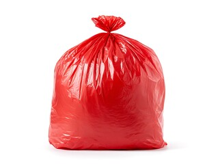 Full red plastic garbage bag on a plain surface isolated on white background