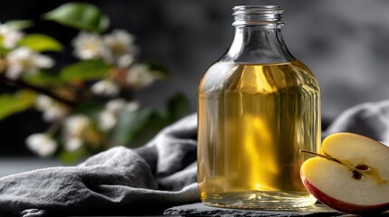 A bottle of apple cider vinegar with a sliced apple