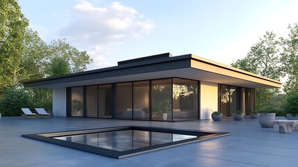 Fototapeta premium Contemporary modern house exterior with a secluded pool area.
