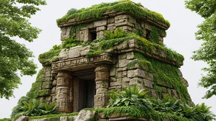 Naklejka premium Lush Green Vines Overgrown Ancient Stone Temple Ruin