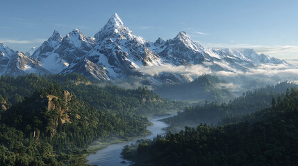 Fototapeta premium River flows through dense forest shrouded in fog against the backdrop of snow-capped mountains