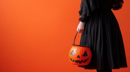 A beautiful woman in a witch costume holding a Halloween bucket with a painted pumpkin on an orange background. 