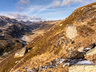 Aerial view around a mountain pass, European Alps, Switzerland