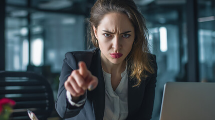 Obraz premium A serious businesswoman in a suit points her finger directly at the camera while standing near her desk in the office. A scene of strictness, control and leadership