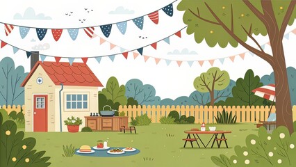 A suburban backyard scene with bunting and barbecue setup perfect for holiday visuals.