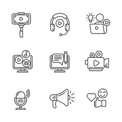 Set of content creator icons with line style on a white background