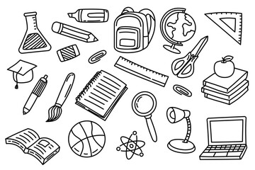Set of back to school doodle elements with cute design on a white background