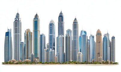 Fototapeta premium Urban downtown skyscrapers are showcased with a majestic futuristic skyline, isolated against a transparent white setting