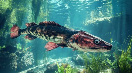 Fototapeta premium Fish swimming near algae in the sea, with sunlight filtering in the water