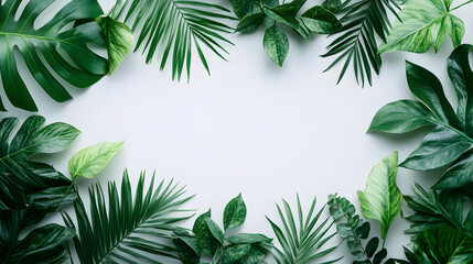 Naklejka premium Lush green leaves arranged on pure white background nature composition aesthetic design top view
