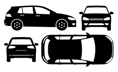 Hatchback car silhouette on a white background. Vehicle icons set view from the side, front, back, and top