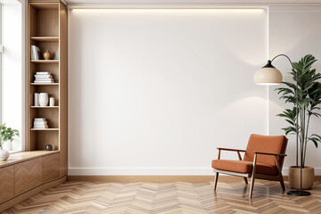 Fototapeta premium Cozy minimalist interior design with wooden bookshelf, orange armchair, floor lamp, and plant on light wood herringbone floor against neutral wall. Ai generative