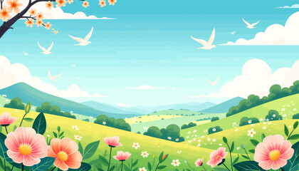 Naklejka premium Pastoral Spring Landscape with Blossoms and Birds