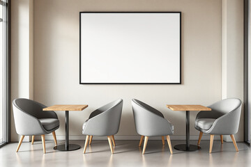 Contemporary cafe interior design with two tables and modern armchairs beneath a blank frame, minimalist style on a neutral wall background. Ai generative