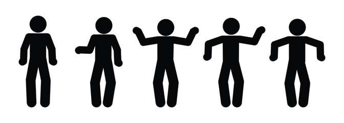 stick figure man icon, people waving their hands, human silhouettes isolated, basic poses set