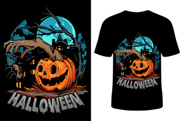 Halloween T-Shirt Design with Witch Hat, Bats, and Horror Elements for October 31st Celebrations and Themed Apparel