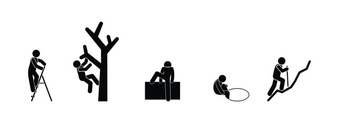 man climb up and down, stickman icon set, on ladder, on tree, in hole, overcoming obstacles, sticks figure people
