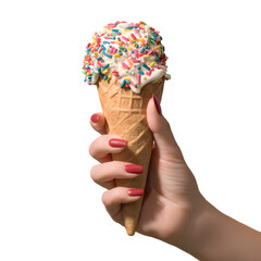 A hand holds a cone of vanilla ice cream with colorful sprinkles on a black background. The nails are painted red to match the sprinkles.