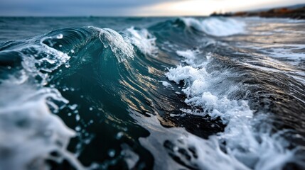 Deep Blue Ocean Wave Crashing Near Shore with Foam and Sunset Sky in Background