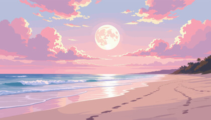 Obraz premium Pink Sunset Beach with Footprints and Full Moon