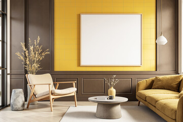 Cozy modern interior with yellow couch, armchair, coffee table, decorative vase, and blank frame on brown-yellow wall, concept of stylish design. Ai generative