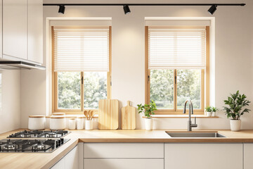 Bright minimalist kitchen interior with wood countertops, potted plants, and decor in a cozy home design style on a sunny background. Ai generative