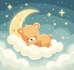 Sleeping Teddy Bear on Cloud with Moon and Stars