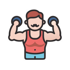 Strong man lifting dumbbells cartoon icon on black