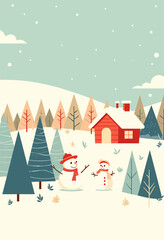 Snowmen Family Near Red Cabin in Winter Scene
