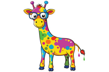Colorful artistic giraffe in eyeglasses with colorful paint splatters on white background