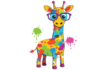 Colorful artistic giraffe in eyeglasses with colorful paint splatters on white background