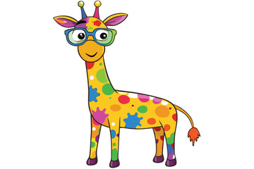 Colorful artistic giraffe in eyeglasses with colorful paint splatters on white background