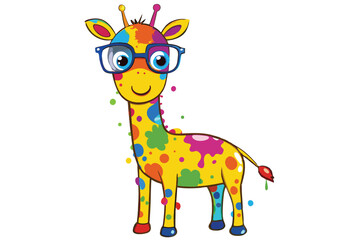 Colorful artistic giraffe in eyeglasses with colorful paint splatters on white background
