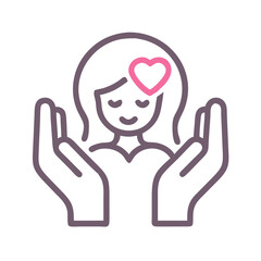 Woman with heart in hands, love and care