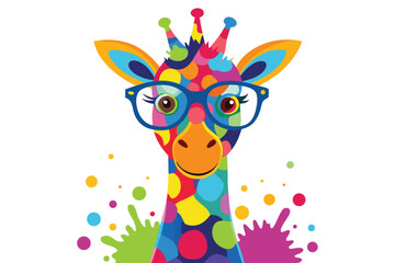 Colorful artistic giraffe in eyeglasses with colorful paint splatters on white background