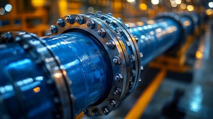 Fototapeta premium A close-up view of a blue pipeline with detailed fittings, reflecting bright lights in an industrial setting