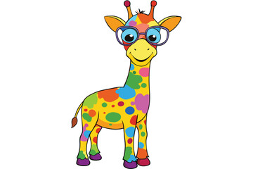 Colorful artistic giraffe in eyeglasses with colorful paint splatters on white background