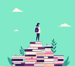 Student on Book Mountain, Education Concept