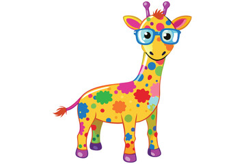 Colorful artistic giraffe in eyeglasses with colorful paint splatters on white background