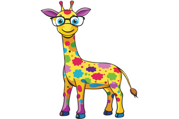 Colorful artistic giraffe in eyeglasses with colorful paint splatters on white background