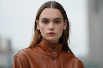 Beautiful girl muffle in a leather jacket Beautiful girl muffle in a leather jacket