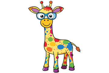 Colorful artistic giraffe in eyeglasses with colorful paint splatters on white background