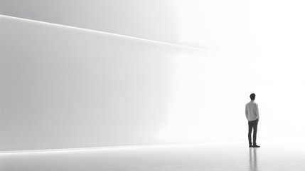 Individual contemplating existence minimalistic studio digital art bright environment rear view reflection