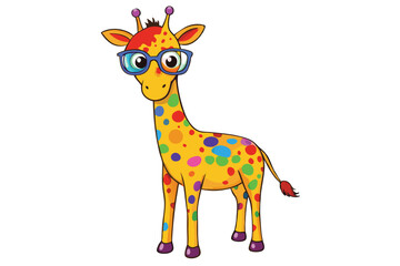 Colorful artistic giraffe in eyeglasses with colorful paint splatters on white background