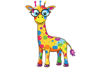 Colorful artistic giraffe in eyeglasses with colorful paint splatters on white background