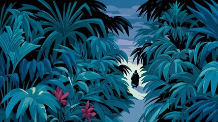 Fototapeta premium Tranquil Twilight in a Lush Tropical Forest, Pixel Art Style